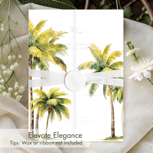 50 Pack Pre-Folded Vellum Jackets for 5x7 Invitations,AZAZA Translucent Invitation Sleeves,115GSM Vellum Jackets 5x7, Wedding Invitation Accessories,for Weddings Birthdays,Green Watercolor Palm Tree - color: 50Pack--Green Watercolor Palm Tree
