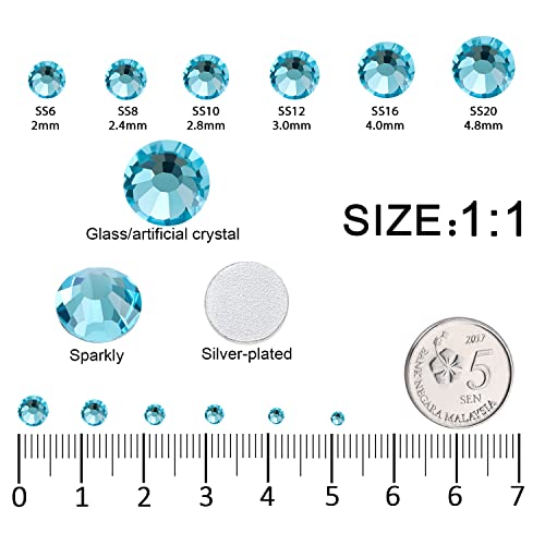 3792pcs Aquamarine Crystal Flatback Rhinestones Glass Diamantes Round Gems for Crafts Nail, Makeup, Clothes, Mixed 6 Sizes with Wax Pencil and Tweezer Kit(SS6~SS20) - color: Aquamarine