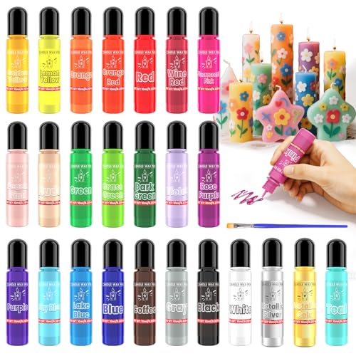 Candle Wax Pen 26 Colors Set - 3D Candle Paint with Glitter Gold Silver, Smooth Drawing Wax Pen for DIY Candle Making, Birthday, Wedding Party, Non-Toxic, Fast-Drying, Long-Lasting Color - 0.35oz/10ml