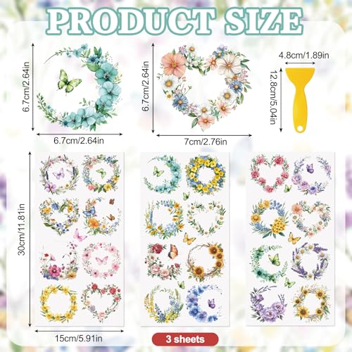 Rub On Transfers for Crafts, 3pcs Colorful Garland Transfers UV DTF Stickers Waterproof Decals Furniture for Cup Wood Scrapbook DIY Home Door - color: Wreath
