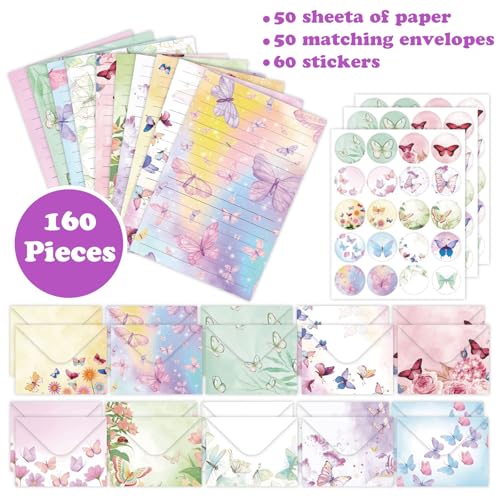 160 Pcs Stationery Paper Envelopes Set | Includes 50 Writing Paper & 50 Envelopes & 60 Dot Stickers,Butterfly Letter Writing Stationery Paper Envelopes(10Style) - color: Butterfly