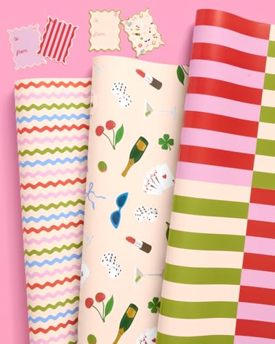 xo, Fetti Girlhood Trendy Wrapping Paper + Tag Set - 12 Sheets | Birthday Gift Wrap, Decorative Christmas Bag, Bachelorette Party Favor