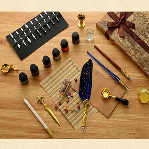 Joyeee Antique Quill Pen Set, with Quill Nibs, Glass Dipped Pen, Wooden Dip Pen, Fire Lacquer Wax Beads, Spoon, Seal Stamp, Pen Base, Cup & Ink Set, Best Gifts for Men & Dad #84 - color: Grey