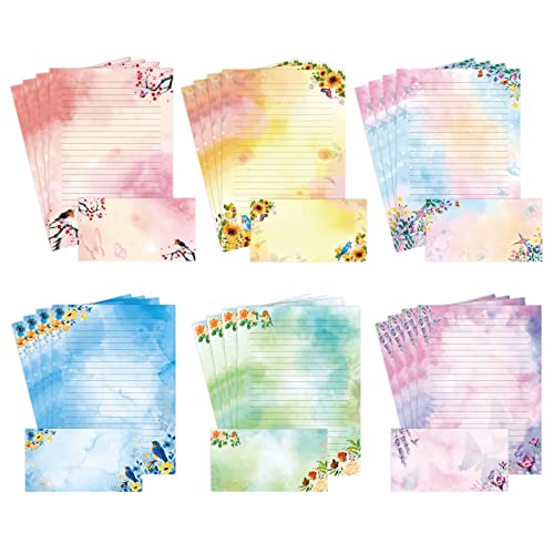 Lined Stationary Paper and Envelopes Set Floral Bird Watercolor Stationary Set with Lined Letter Writing Paper - 48 Sheets + 24 Envelopes, 8 x 11 Inch of Each Stationary Paper