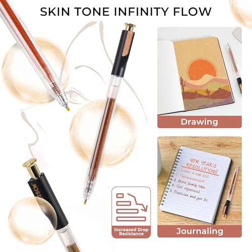 Skin Tone Retractable Glitter Gel Pens, 12 PCS Large Capacity Metallic Pen | 1 mm Fine Point Smooth Writing Color Gel Pens for Adult Coloring Book Note Taking Aesthetic Art Supplies - color: 12 Skin Tone