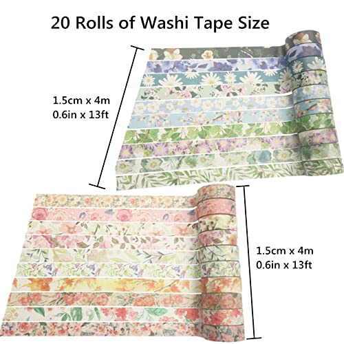 Floral Washi Tape Set 20 Rolls 15mm Wide Flower Decorative Paper Tapes for Scrapbooking, Journal, Planner, DIY Crafts, Gift Wrapping - color: Flower