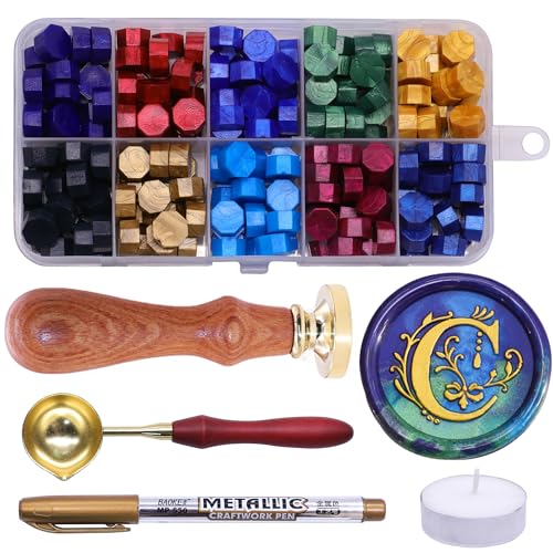 SWANGSA Initial Alphabet C Wax Seal Stamp Kit, Classic Retro Letter Sealing Stamp with 200pcs Sealing Wax Beads Kit for Wedding Invitations Cards Envelopes (C) - color: C