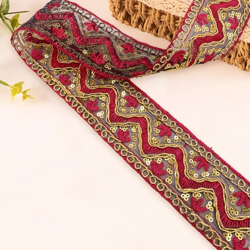 2 Inch Red Gold Embroidery Ribbon Sequin Bead Metallic Vintage Embroidered Ribbons Jacquard Woven Fabric Applique Trim Tape for Sewing Making Craft Gift Wrapping Wedding Christmas Decor - color: Red,gloden