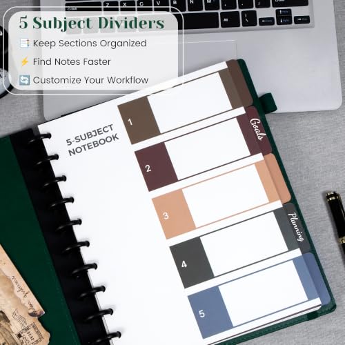 Hardcover Refillable Journal Notebook with Removable Divider Tabs, 300 Pages Leather 5 Subject Discbound Notebook College Ruled for Work School Note Taking,10x11.5" Lined Journal for Men & Women,green - color: Green, size: Large