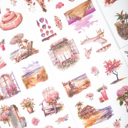 Summer Theme Sticker Scrapbooking Supplies for Junk Journal, 20 Sheets PET Stickers - Vintage Journaling Stickers, Ephemera Sticker Book Pre Cut(TZ-006-001) - color: Summer Theme Stickers