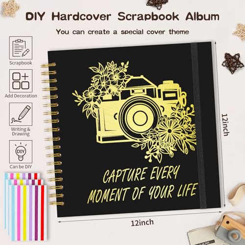 Scrapbook Album 12x12 inch, Travelling Journal Scrap Book Family Scrapbook Scrapbooking Supplies Kits Gift for Couples Anniversary Wedding (black, 12 x 12 inch) - color: black, size: 12 x 12 inch