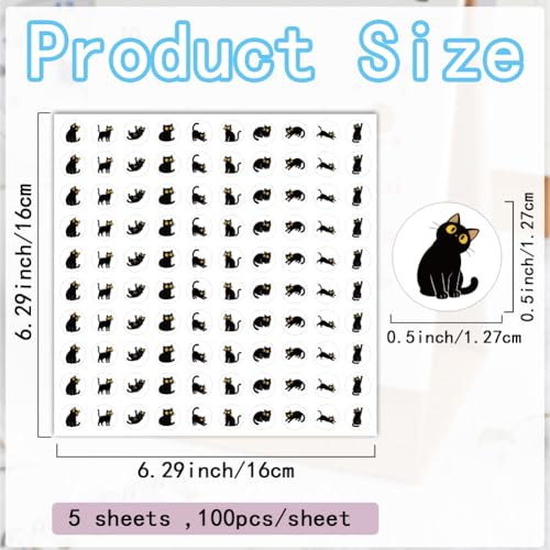 500Pcs 5 Sheets Black Cat Planner Stickers 0.5 Inch Mini Calendar Sticker Cat Self Adhesive Waterproof Decals for Journal Envelope Scrapbooking Activities Scheduling Party Marking Decor - style: Cat