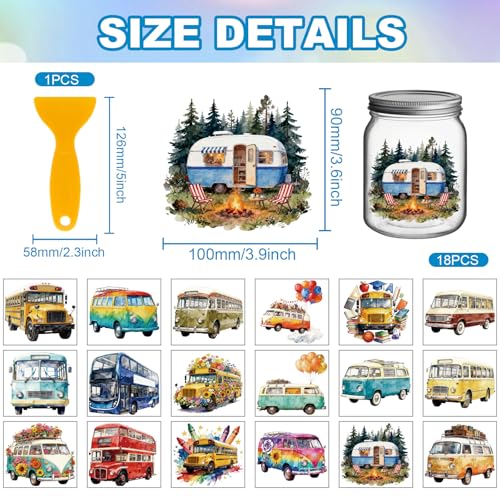 GLOBLELAND 18 Sheets Bus Campervan Transfer Stickers 3.9x3.6 Inch Transport Colorful Transfer Decal Vehicle Rub on Transfer for Cup Decal Vase Glass Art Crafts Decorations - style: Bus Campervan