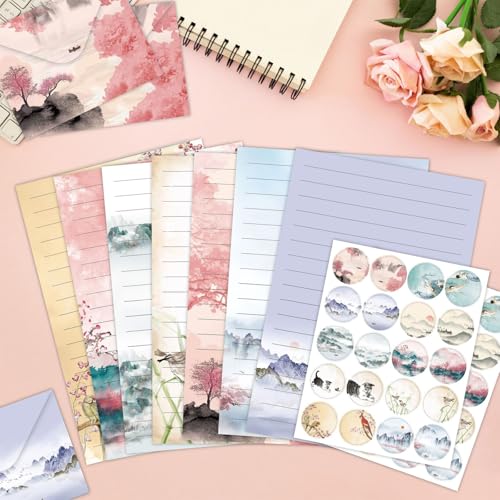 160 Pcs Stationery Paper Envelopes Set | Includes 50 Writing Paper & 50 Envelopes 60 Stickers, Ink Painting Letter Writing and Stationery Paper Envelopes(10Style) - color: Ink Painting