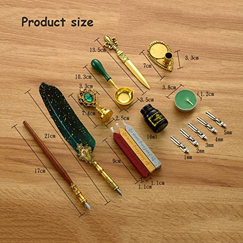 Joyeee Antique Feather Pen Set, with Craft Decoration Pen, Wood Dip Pen, Metal Spoon, Wax Seal Sticks, Ink, Candle, Pen Nibs, Pen Nib Holder, Wax Seal Kit for Wedding Invitation Card #88 - color: #88 Green
