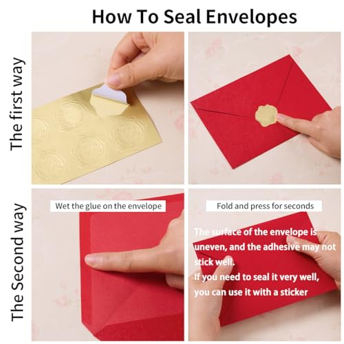 50 Pieces A7 Envelopes 5x7 with Gold Stickers, Rose, Red | Vines Flower Texture Pattern, V Flap Luxury Mailing for Invitations, Wedding, Graduation, Baby Shower - color: Red