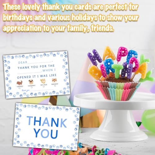 Light Blue Claw Border Thank You Cards, Dogs Thank You Notes for Birthday Party, Greeting Postcards for Girls Boys, 25 Pack Fill-in-Blank Gratitude Cards with Envelopes, 06 - color: Light Blue Claw