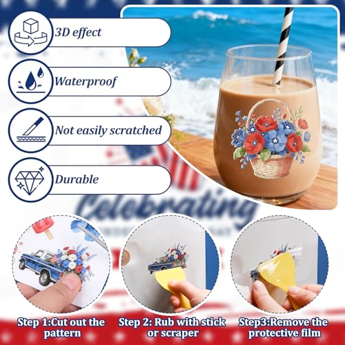 WANDIC 3 Sheets 250th Anniversary UV DTF Cup Warp Rub on Transfer Stickers, 1776-2026 USA Waterproof Patriotic Decal for Junk Journal Cards Furniture Glass Wood, 15x30cm - color: Independence Day