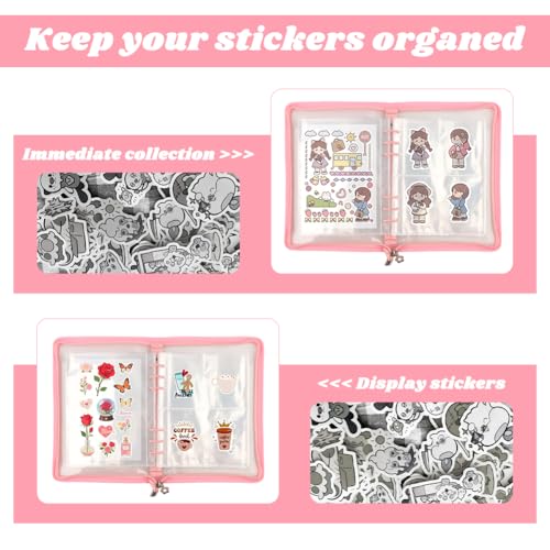 Sticker Organizer Binder with Clear Pockets & Zipper, Reusable A5 Stickers Collecting Book Album Holder with 10 Release Papers for Planner, Journaling, Sticker Collection (pink) - color: Pink