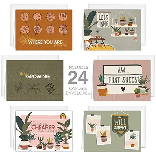 Plant Pun Note Card Pack / 24 All Occasion Succulent Greenery Greeting Cards / 3 1/2" x 4 7/8" Blank Cards With White Envelopes / 6 Unique Plant Lady Inspired Designs - color: Plant Puns