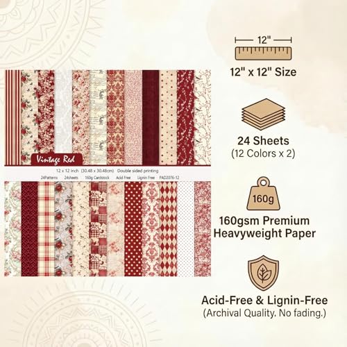 Boho Scrapbook Paper 12x12 - 24 Sheets Flower Patterned Cardstock Paper Pads,Coloured Double-Sided Decorative Craft Papers Pack for Scrapbooking, Junk Journaling, and Card Making (Vintage Red) - color: Vintage Red