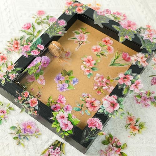 50pcs Pink Flower Stickers for Scrapbooking - Waterproof Clear Floral Botanical Sticker for Journaling, Crafts, Art Projects, Glass Potion Bottles - color: Pink Flower
