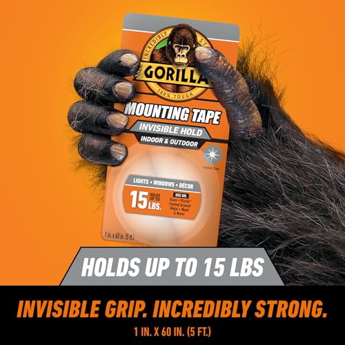 GORILLA Invisible Hold Mounting Tape, Holds Up to 15 lbs, Clear, 1" x 60" - size: 60" inches