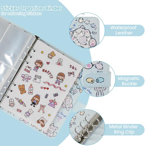 Reusable Sticker Book Collecting,A5 Binder Album Storage Organizer with Blank Release Paper and Pocket for Adult Kids,Cartoon Leather Binder Cover & Magnetic Buckle Closure(Blue) - color: Blue