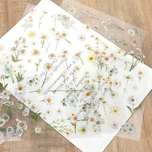 Daisy Stickers, 6 Pcs Transparent Floral Decals for Crafts Waterproof White Daisy Vinyl Flower Themed Stickers for Scrapbooking Supplies Card Making Journaling Water Bottles DIY Crafts Decoration - style: Daisy