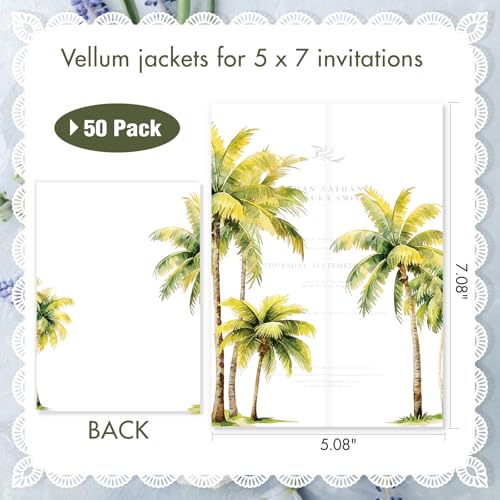 50 Pack Pre-Folded Vellum Jackets for 5x7 Invitations,AZAZA Translucent Invitation Sleeves,115GSM Vellum Jackets 5x7, Wedding Invitation Accessories,for Weddings Birthdays,Green Watercolor Palm Tree - color: 50Pack--Green Watercolor Palm Tree