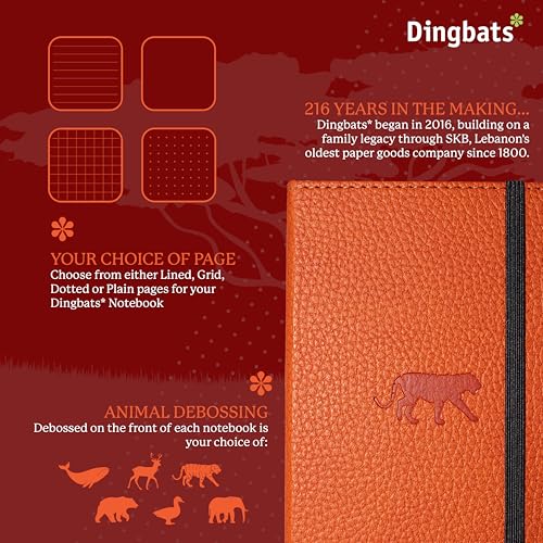 Dingbats* Wildlife A6 Plain Pocket Notebook - PU Leather Hardcover - Small Writing Journal for Work, Travel - Pocket, Elastic Closure, Bookmark - color: Orange Tiger, style: Minimalist
