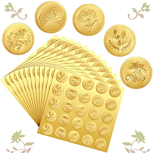 Chinco 500 Pieces Gold Embossed Envelope Seal Stickers | Envelope Sealer, Adhesive Seal Stickers, Vintage Embossed Foil Kit Plant DIY Labels, for Wedding Invitation, 5 Pattern, Paper - style: Flower Style