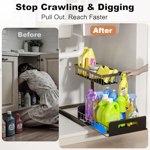REALINN Under Sink Organizer, L-Shaped Pull Out Cabinet Organizer, Kitchen - color: Black, size: 1 Pack