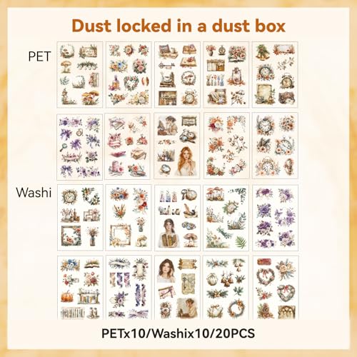 Dust-Locked Time Sticker Scrapbooking Supplies for Junk Journal, 20 Sheets PET Stickers - Vintage Journaling Stickers - color: Dust-locked Time