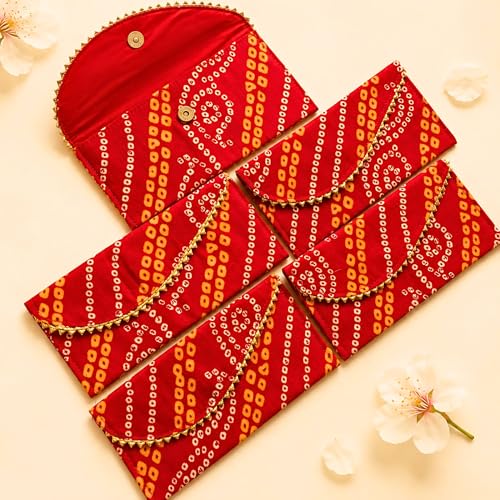 LoveNspire Brocade Fabric Money Envelopes (7.5 x 3.5 Inch) Decorative Bandhani Pattern Shagun Lifafa for Indian Wedding, Birthday | Cash Gift Holder & Home Savings Organizer Red/Pack of 10 - color: Bandhini Red, size: Pack of 10