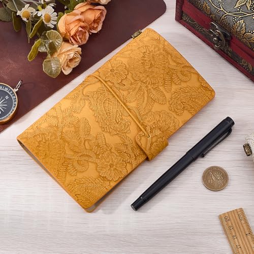 A6 Flower Textured Embossed Journal Traveler Notebook for Women PU Leather Orange Autumn Lace Refillable Writing Notebooks with 3 Style Paper Inside 96 Page Pamphlet Daily Planner Sketchbook - color: Orange