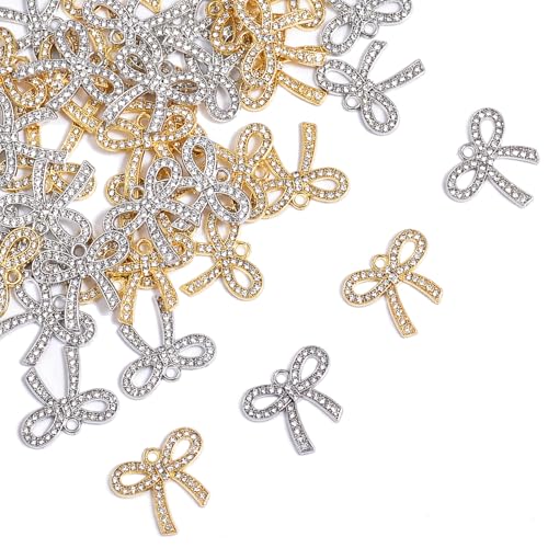 stino 40/50 Pieces Rhinestone Charms, Turtle Heart Bow Cross & Rhombus Jewelry Making Supplies, Silver & Gold Plated Crystal Pendants - style: Bow (Rhinestone 40PCs)