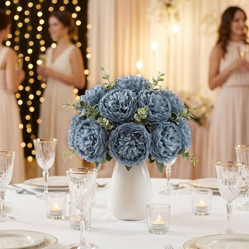 Suncalla Artificial Peony Rose Flowers Heads 4.7 Inches Silk Fake Peony Head Flowers for Wedding Bridal Bouquet Home Floral DIY Centerpieces Tables Party Decorations(Dusty Blue,25 Pcs) - color: Dusty Blue