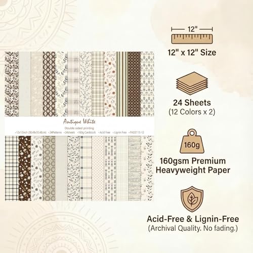 Boho Scrapbook Paper 12x12 - 24 Sheets Flower Patterned Cardstock Paper Pads,Coloured Double-Sided Decorative Craft Papers Pack for Scrapbooking, Junk Journaling, and Card Making (Antique White) - color: Antique White