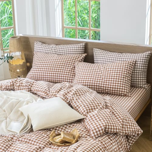 MOOMEE Gingham Pillowcase Set of 2 100% Washed Cotton Linen-Like King - color: Classic Gingham - Dark Orange, size: King (20×36)-Pack of 2