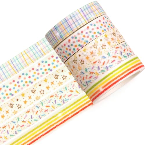 Cute Pattern Washi Tape Set 5 Rolls Glitter Cover Decorative Wide Kawaii Masking Tapes for Arts, DIY Crafts, Journals, Planners, Scrapbook, Wrapping (9 Dots & Stars) - color: 9 Dots & Stars