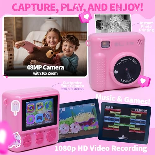 Photomaker Kit - Instant Print Camera for Kids Plus DIY Journal Kit for Girls - 150 Pcs Tween Journal & Camera for Girls - 6 7 8 9 10 11 12 13 14 Year Old Girl (Pink) - style: Pink