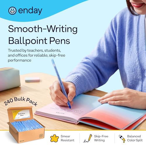 Enday Blue Pens Ballpoint, Long Lasting Blue Ink Pens Bulk 240 Pack, Smooth and Consistent Writing Pens, Medium Point (1.0mm) Ball Point Pens Blue, Flexible Round Barrel for Writing Comfort - color: Blue