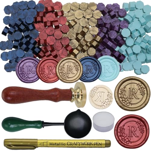 Initial Alphabet R Wax Seal Stamp Set, Retro Letter Sealing Stamp with 150Pcs Sealing Wax Beads in 5 Color, Melt Non Slip Spoon Pen Kit for Wedding and Christmas (R) - style: R