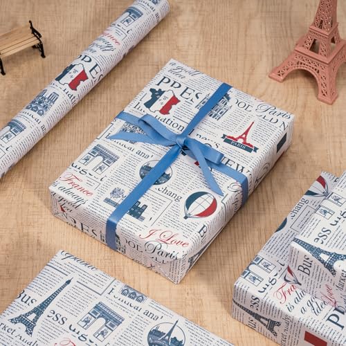 WRAPAHOLIC Kraft Vintage Paris Wrapping Paper Roll - Mini Roll - 17 Inch x 16.5 Feet - Retro French Travel Newspaper Wrapping Paper for Birthday, Wedding, Anniversary, Bridal Shower - color: Kraft Newspaper - French