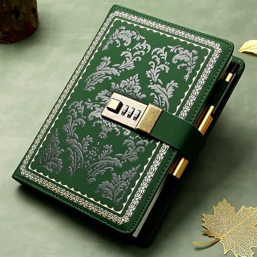 Yoment Lock Diary Vintage Journal with Lock for Women Leather Diary,Green | Refillable Personal Locking Journal for Writing,Gifts Box,Grils Kids Secret Password Notebook Journal with Pockets 5.5x7.8 - color: Green