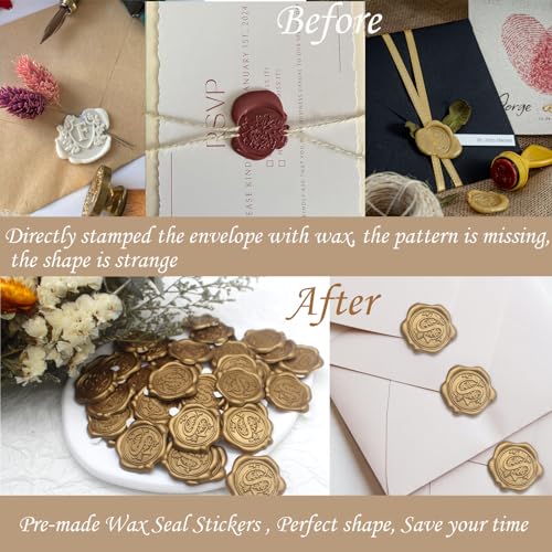 50pcs Antique Gold Wax Seal Stickers, Initial Alphabet G Envelope Seal, Self-Adhesive Letter Pre-made From Real Sealing Wax for Wedding Invitation, Gift Wrapping (G)