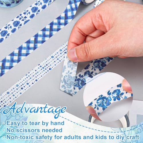 Whaline 12 Rolls Blue Floral Washi Tape Chinoiserie Masking Tape Set Toile Flower Leaves Plaid Striped Dots Decorative Wrapping Paper Tapes Boxed for Scrapbook Journal DIY Crafts - style: Blue Floral