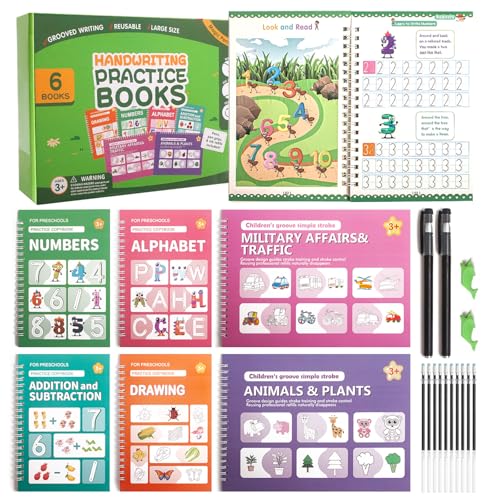Grooved Writing Books for Kids 3-5 Preschool, Reusable Tracing Workbook with Disappearing Ink, Magic Grooved Handwriting Practice, Alphabet, Numbers and Pencil Control Practice