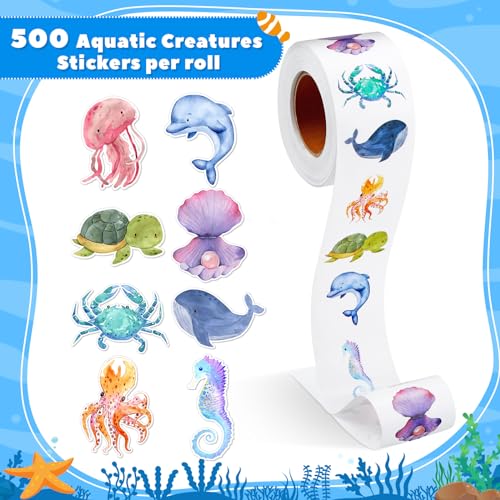 Qeeenar 500 Pcs Ocean Animal Stickers Roll, Sea Creatures Reward Decals | Watercolor Sea Creature Sticker Theme for Kids Classroom Rewards, Teacher Incentives, Includes Dolphin Whale Turtle - style: Aquatic Creatures
